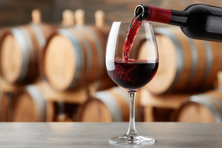 Red wine being poured into glass with oak barrels in background, representing winemaking, tasting, and traditionの素材