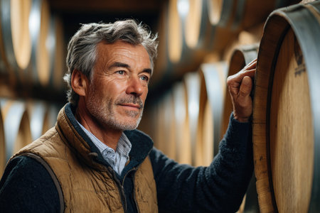 Winemaker checking aging process of wine in oak barrels in winery cellarの素材