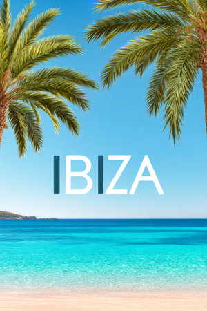 Tropical beach view in Ibiza with turquoise blue water, palm trees, white sand and blue skyの素材