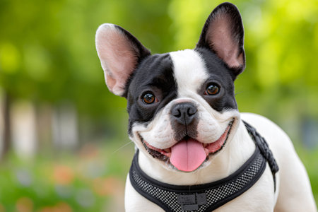 French bulldog wearing a harness and enjoying a sunny day at the parkの素材