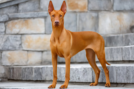 Elegant pharaoh hound posing on stone steps, showcasing its regal presence and rich coatの素材