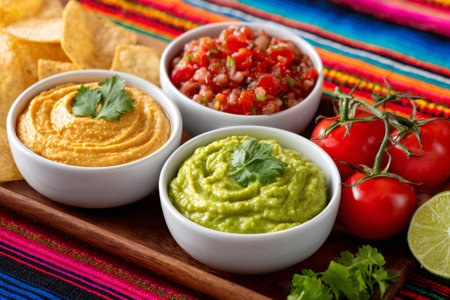 Variety of dips including guacamole, hummus and pico de gallo, served with tortilla chips, creating a vibrant Mexican appetizer platterの素材