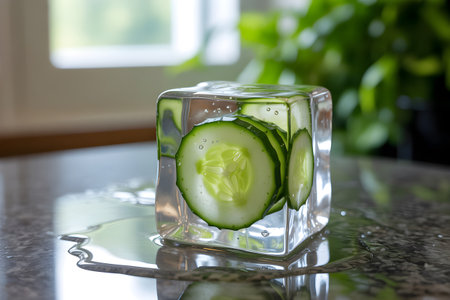 Fresh cucumber slices are frozen inside a melting ice cube, providing a refreshing and healthy conceptの素材