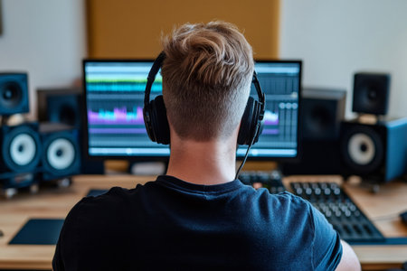 Music producer mixing a song on audio workstation in recording studioの素材