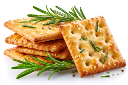 Crunchy crackers seasoned with fresh rosemary and spices are stacked together, offering a tempting snackの素材