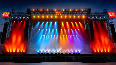 Large empty stage with colorful lights and smoke ready for music festival at nightの素材