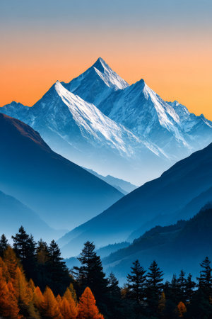 Stunning mountain landscape with snow-capped peaks and vibrant autumn foliage, creating a breathtaking natural sceneryの素材