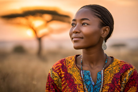 Beautiful young African woman wearing traditional dress enjoying a golden sunset in the savannahの素材