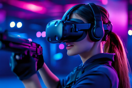 Woman experiencing virtual reality playing a first person shooter game in a gaming roomの素材