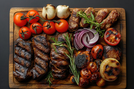 Delicious grilled beef steak, sausages and vegetables with herbs and spices on a wooden boardの素材