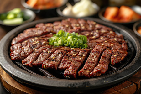 Delicious Korean bbq beef, garnished with sesame seeds and scallions, cooking on a hot plate, with traditional side dishes in the backgroundの素材