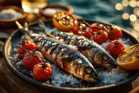 Two grilled mackerel fish seasoned with coarse sea salt, served with grilled cherry tomatoes and lemon wedges on a plate, creating a delicious seafood meal by the seaの素材