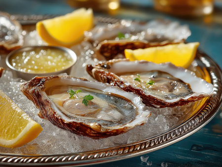 Fresh oysters garnished with lemon wedges and mignonette sauce, served on a bed of crushed ice, creating an elegant seafood presentationの素材