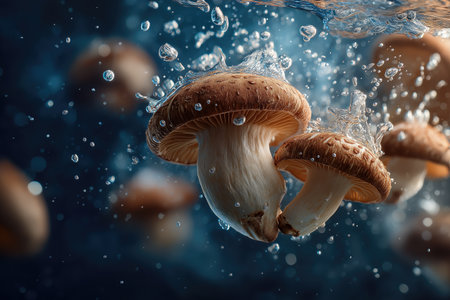 Fresh mushrooms splashing into water creating bubbles and droplets on a dark blue backgroundの素材