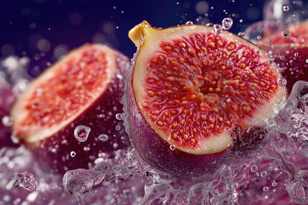 Ripe fig halves splashing in water, creating refreshing droplets and a dynamic visualの素材