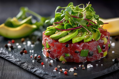 Delicious tuna tartare with avocado, microgreens, and spices, creating a vibrant culinary experienceの素材