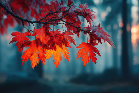 Vibrant red maple leaves glowing on a branch during the fall foliage season, with a misty forest in the backgroundの素材