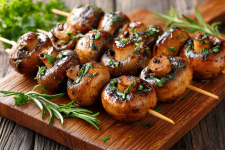 Delicious grilled mushroom skewers seasoned with fresh herbs, creating a flavorful and healthy appetizer or side dishの素材