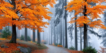 Pathway leading through a misty forest with vibrant orange and yellow foliage during fallの素材