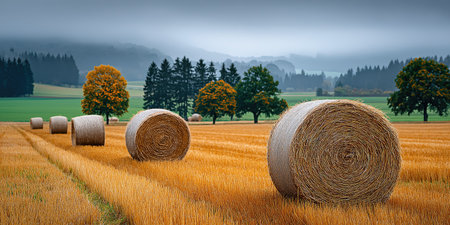 Large round hay bales drying in a field after the harvest with autumn scenery in the backgroundの素材