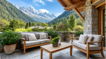 Wooden furniture on a stone terrace offers stunning views of the Mont Blanc mountain range in the French Alpsの素材