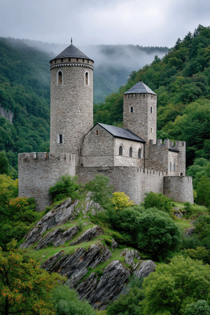 Medieval castle katz dominating the surrounding valley, shrouded in fog and surrounded by green forestの素材