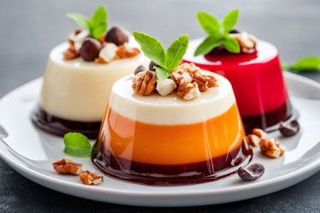 Colorful panna cotta desserts are garnished with nuts, chocolate chips, and fresh mint leavesの素材
