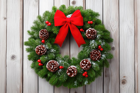 Beautiful Christmas wreath hanging on rustic white wooden front door is decorated with red bow, pine cones and berriesの素材
