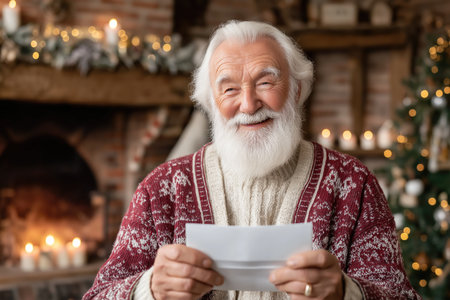 Smiling elderly man holding christmas letter, enjoying winter holidays by the fireplace in cozy home atmosphereの素材