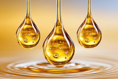 Three glistening golden oil drops dripping onto a smooth surface, creating concentric ripples, ideal for beauty, healthcare, and industrial conceptsの素材