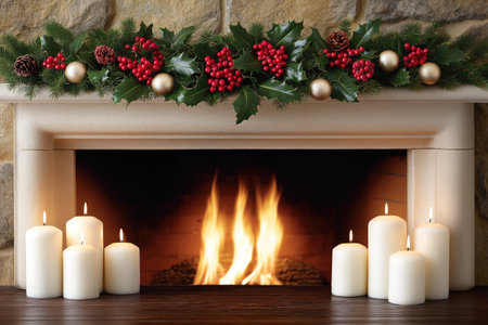 Christmas garland hanging over a fireplace with lit candles, creating a warm and festive atmosphereの素材