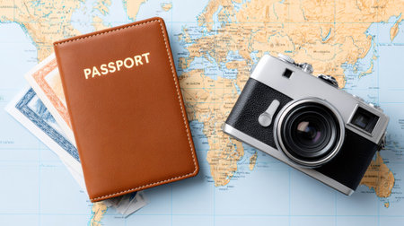 Brown passport, foreign currency, and vintage camera resting on world map symbolizing planning travel adventureの素材