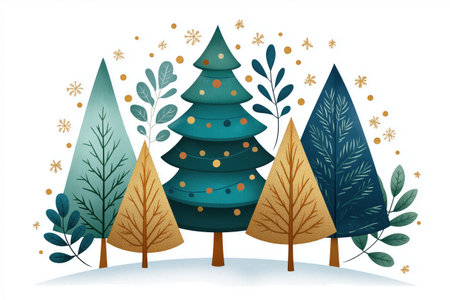 Stylized Christmas trees with golden lights and snowflakes evoke a warm festive atmosphereの素材