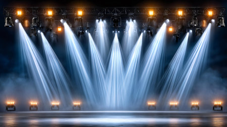 Powerful stage lights illuminating an empty stage filled with smoke, creating a dramatic atmosphere for a concert or performanceの素材