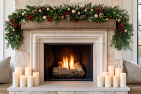 Christmas garland with gold ornaments and red berries decorating a fireplace mantelpiece with burning fire and candlesの素材