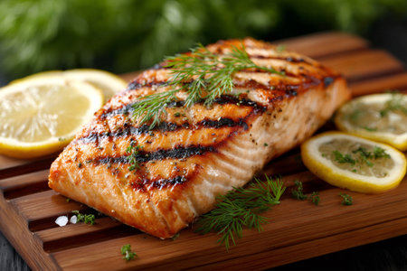 Delicious grilled salmon seasoned with dill and lemon slices, resting on a wooden cutting board, ready to be servedの素材