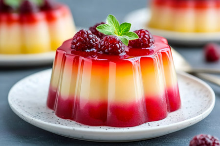 Creamy panna cotta dessert featuring vibrant layers and topped with fresh raspberries and mintの素材
