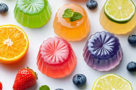 Bright jelly candies of different colors with fresh fruit slices and mint leaves on a white backgroundの素材