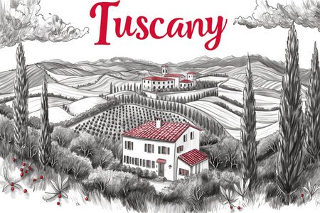 Black and white idyllic tuscan landscape with red accents, featuring traditional villas nestled among rolling hills and cypress treesの素材