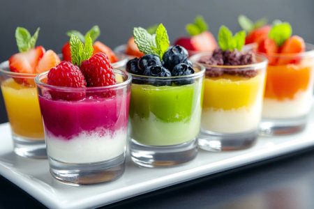 Vibrant layered desserts in small glasses are topped with fresh berries, blueberries, and mint, creating a colorful and appealing displayの素材