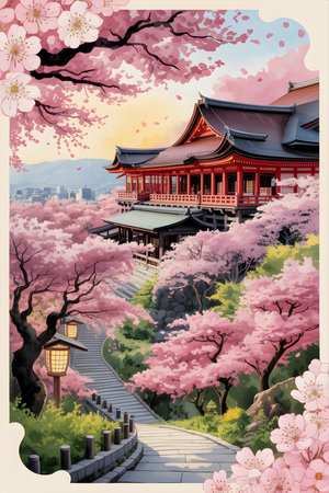 Serene pathway leading to a traditional Japanese temple amidst blossoming cherry trees, capturing the beauty of springの素材
