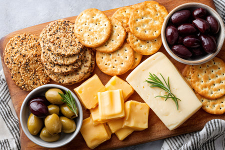 Assortment of crackers, cheese cubes, and olives arranged on a wooden board, creating an inviting appetizer platterの素材