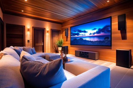 Comfortable sofas invite viewers to enjoy a movie projected on a large screen in a cozy home theaterの素材