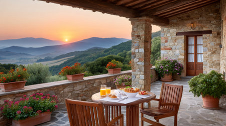Breakfast table is set on a terrace overlooking the beautiful rolling hills of Tuscany at sunriseの素材
