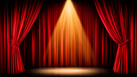 Red velvet curtains tied back, revealing a spotlight illuminating the center of a dark wooden stageの素材