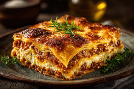Serving of lasagna bolognese with layers of pasta, meat sauce, and bechamel, garnished with rosemary, on rustic plateの素材
