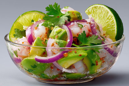 Glass bowl overflowing with shrimp ceviche, garnished with lime wedges, cilantro, and red onionsの素材