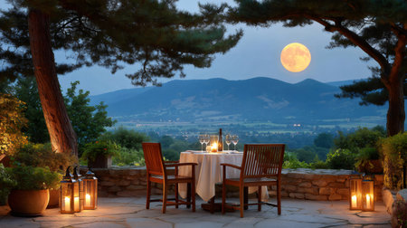 Romantic table set for two enjoying a breathtaking view of a valley under a full moonの素材