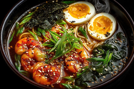Close up of a steaming bowl of ramen featuring shrimp, boiled egg, nori seaweed, and fresh green onionsの素材
