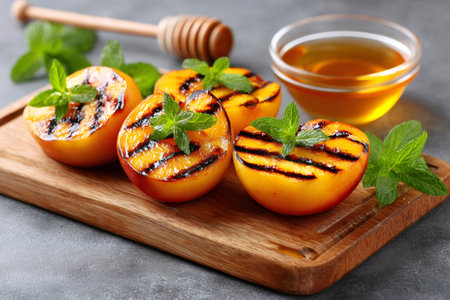 Organic grilled peaches with honey and mint on wooden cutting boardの素材